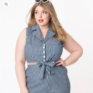 Unique Vintage Plus Blue & White Stripe Matching Crop & Pants Set